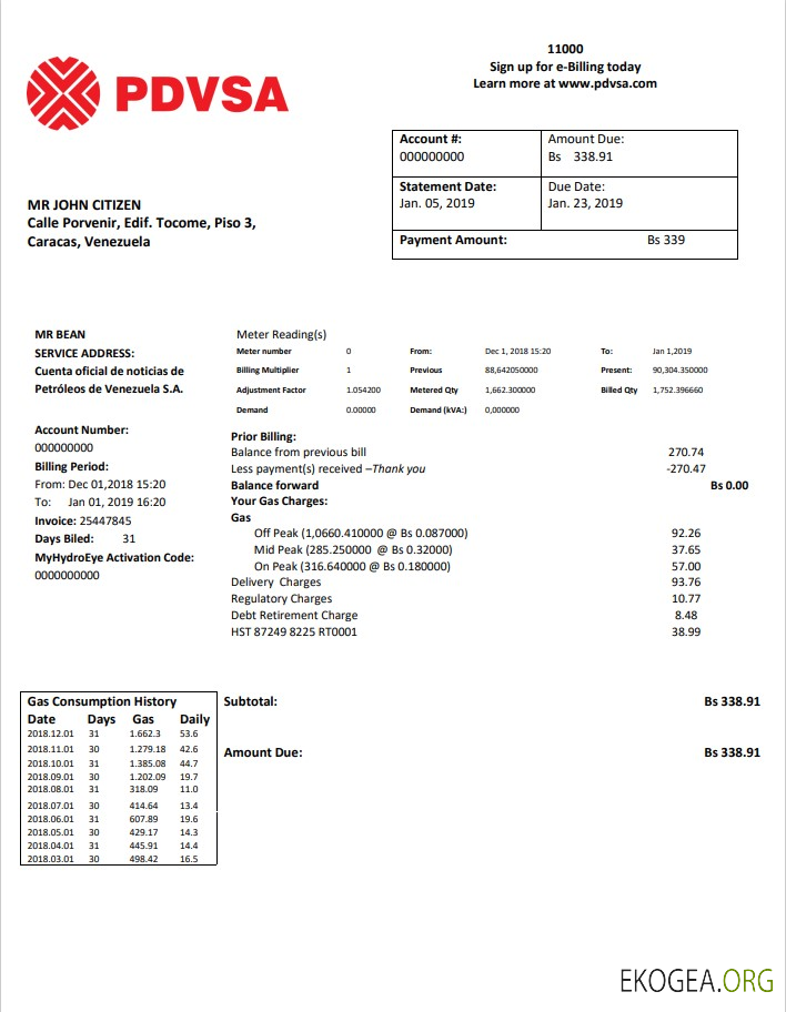 Venezuela PDVSA Gas utility bill template in Word and PDF format
